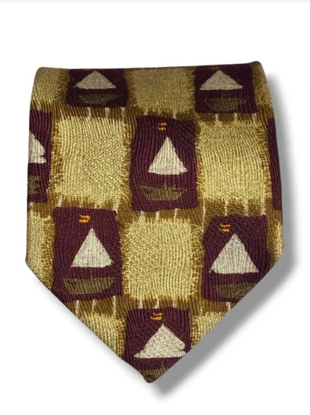 ERMENEGILDO ZENGA Yellow, Tan, & Red Silk Square Pattern Sailboats Tie VINTAGE